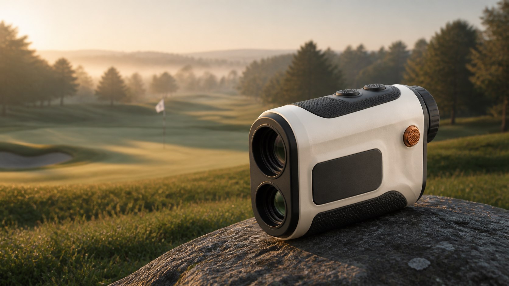 Telémetro láser de golf en un campo al amanecer