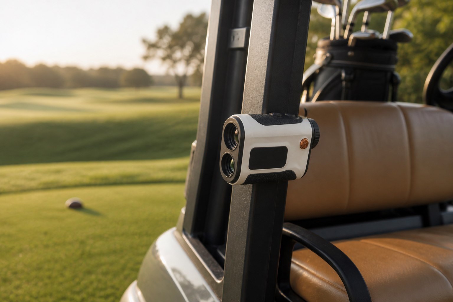Telémetro sujeto magnéticamente al marco metálico de un carrito de golf