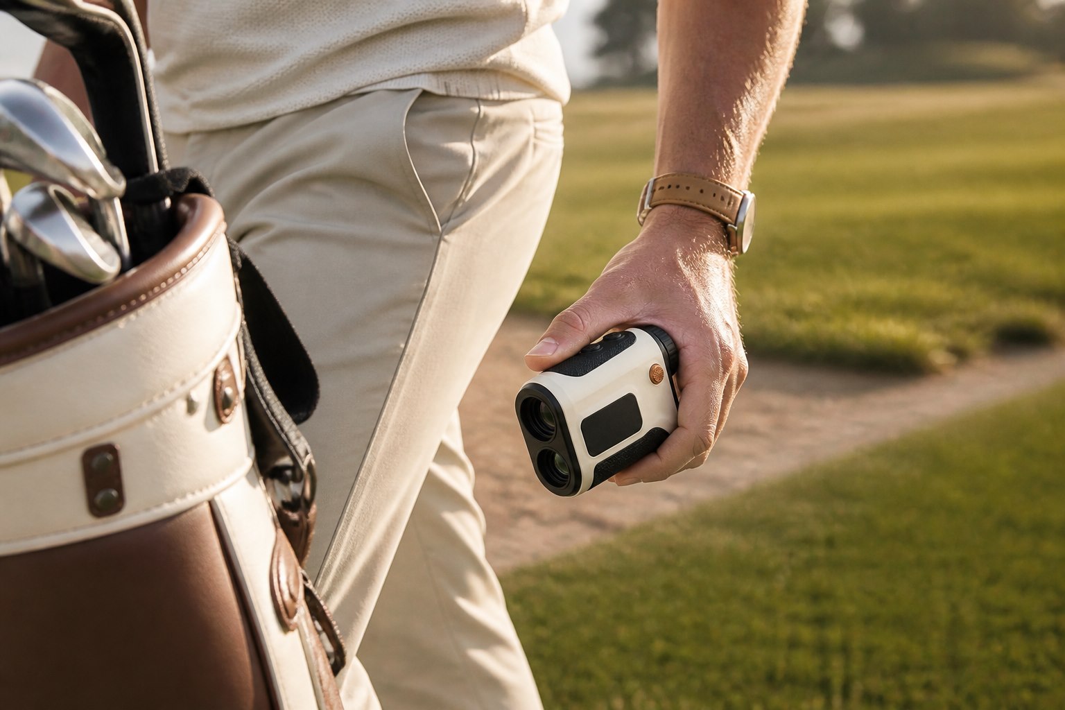 Golfista caminando con un telémetro compacto en una mano